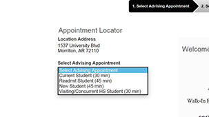 Screenshot showing 'Select Advising Appointment' dropdown box under the 'Appointment Locator' section.