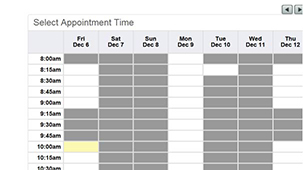 Screenshot showing a table with columns of days and rows of times. Several times are grayed out.