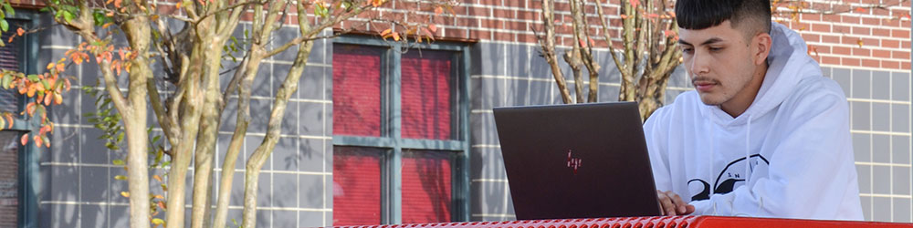 Student using his laptop on a picnic table outside on campus.