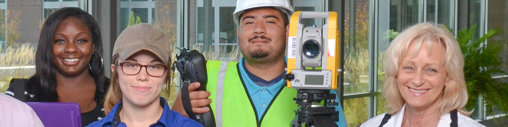 Six people in various work attire ranging from welder, business, surveyor, and nurse.