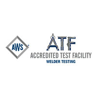 AWS ATF Accredited Test Facility Welding Testing. AWS registered logo with letters inside a diamond shape. ATF logo with letters constructed with measturing tools.
