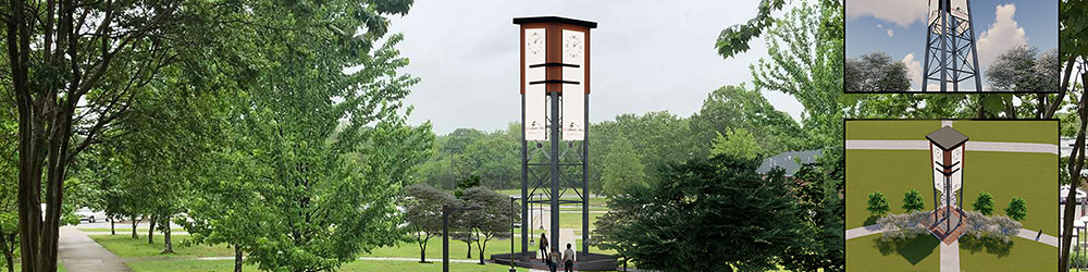 Rendering of Clock Tower standing on campus.