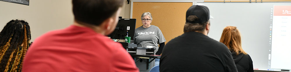 Presenter in focus at the front of the room surrounded by the backs of students in the foreground.