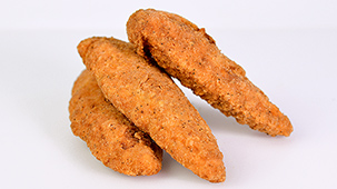 Three breaded chicken strips.