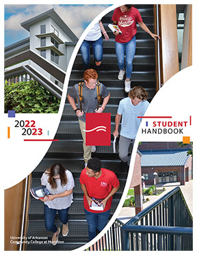 2022 2023 Student Handbook. Cover design featuring external photos of buildings an a large center image of students walking down the staircase in the University Center.
