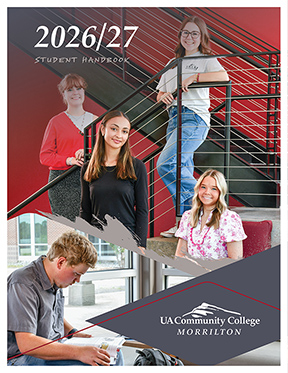 2026 2027 Student Handbook. Cover design featuring students sitting and standing around a metal staircase and another photo of a student studying next to a window in the student lounge.