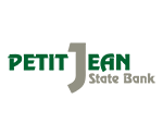 Petit Jean State Bank logo with large, gray 'J' surrounded by green letters.