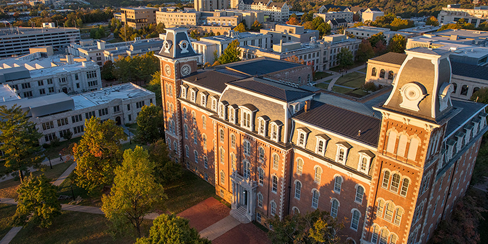 Aerial shot of the University of Arkansas Old Main building.