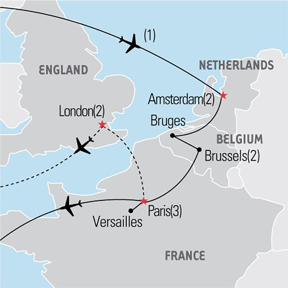 Map of England, Netherlands, Belgium, and France showing the flight landing at Amsterdam then travel to Bruges, Brussels, Paris, Versailles, and then return to Paris for the plane trip home.