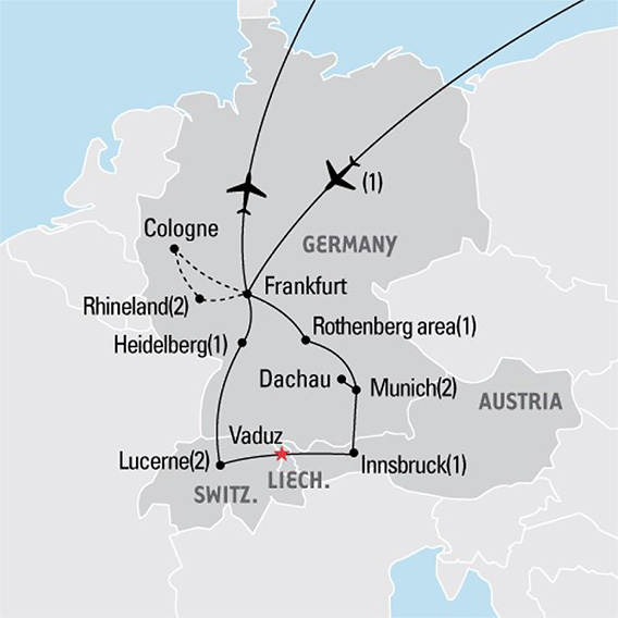 Map of Germany, Austria, Liech, and Switzerland showing flight landing at Frankfurt then travel to Rothenberg area, Munich, Dachau, Innsbruck, Vaduz, Lucerne, Heidelberg, and returning to Frankfurt for a flight out.