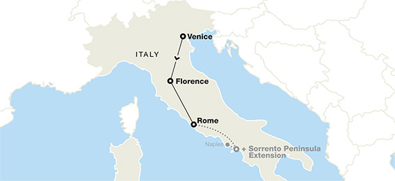 Map of Italy showing Venice, Florance, Rome, and then the optional stops at Sorrento Peninsula Extension.