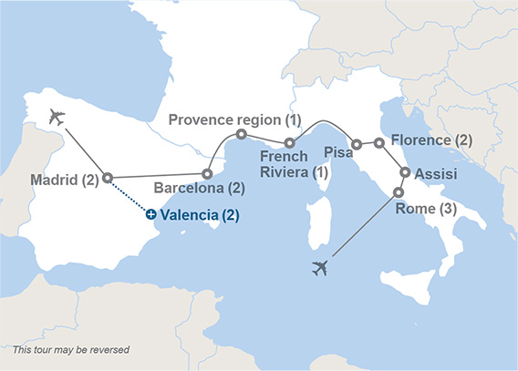 Map of Italy, France, and Spain showing flight landing at Rome then travel to Assisi, Florence, Pisa, French Riviera, Provence region, Barcelona, and Madrid for a flight out.